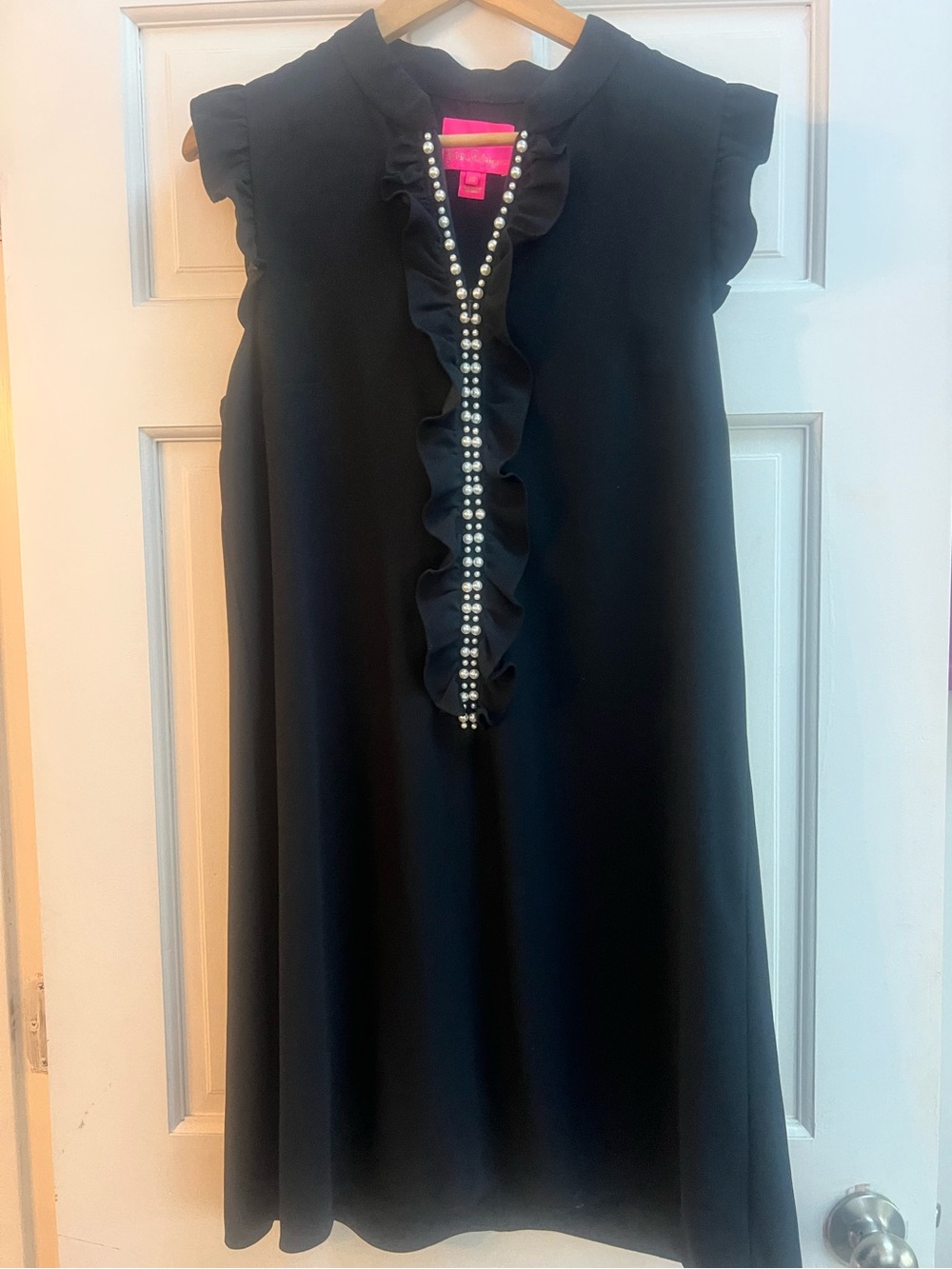 Lilly Pulitzer Black Ruffle Shift Dress with Pearl Front Trim